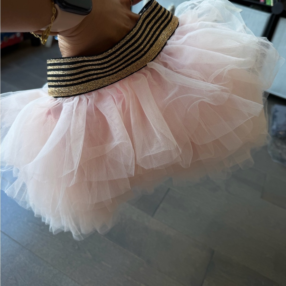 Girls Pink Layered Tulle Skirt with Gold Trim Waistband - Picture 9 of 11